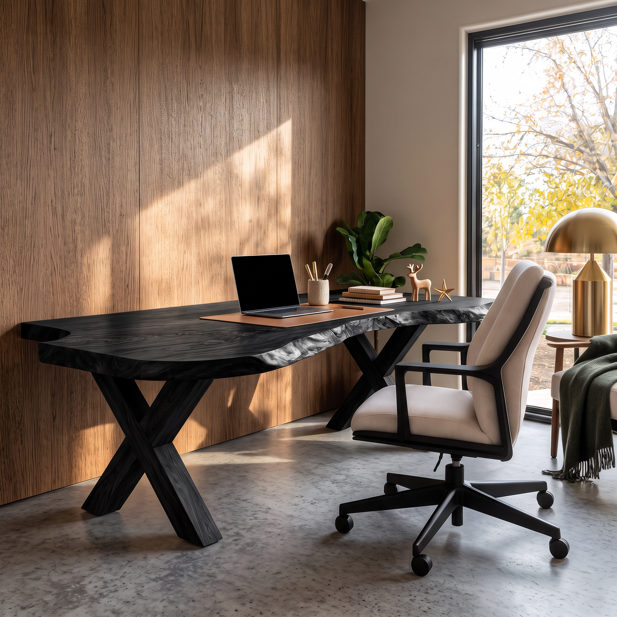 Live Edge Solid Wood Desk With X-Frame Base For Home Office