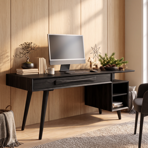 Modern Solid Wood Desk With Drawers And Open Shelf For Home Office