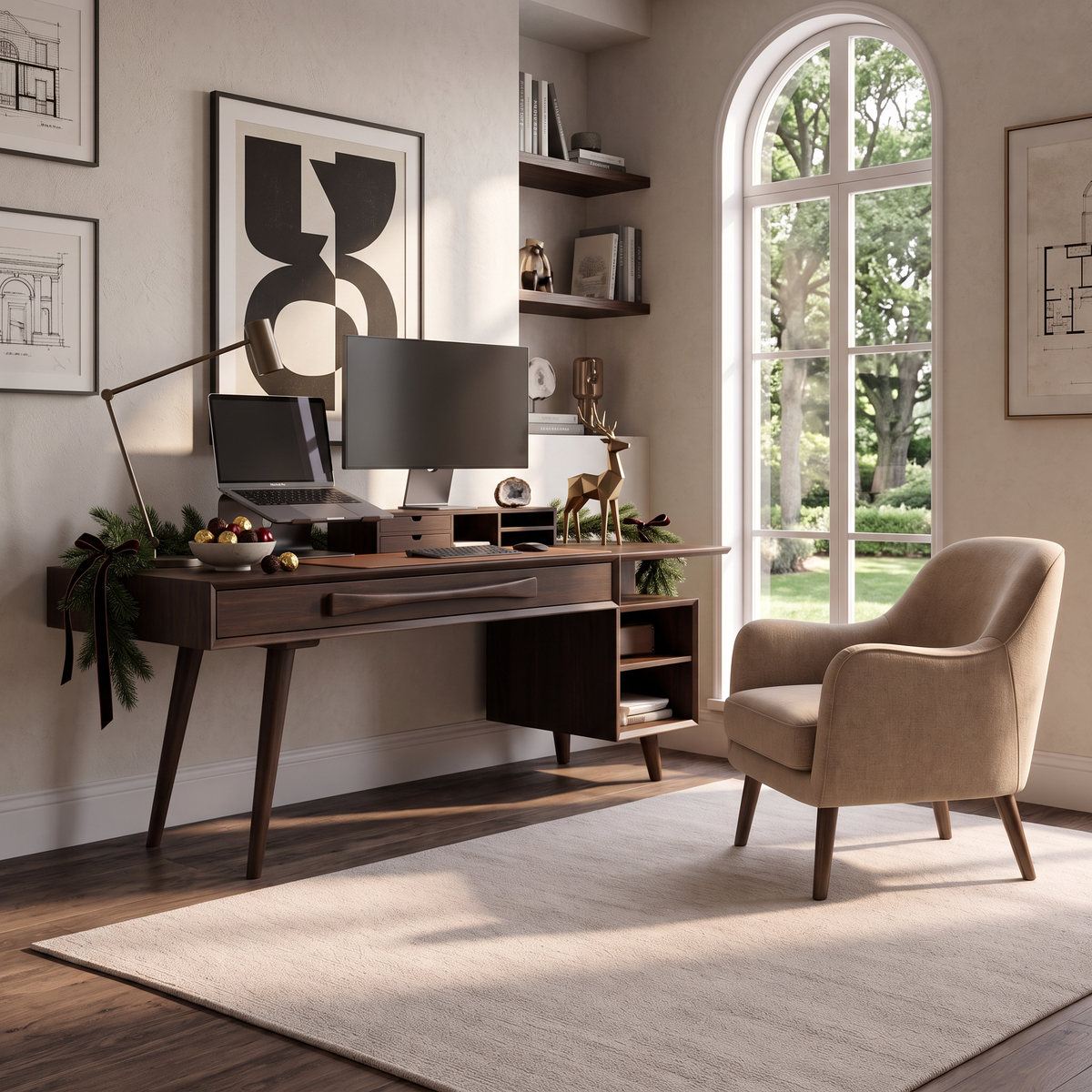 Modern Solid Wood Desk With Drawers And Open Shelf For Home Office