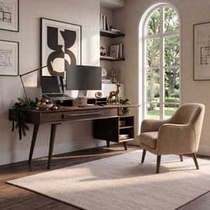Modern Solid Wood Desk With Drawers And Open Shelf For Home Office
