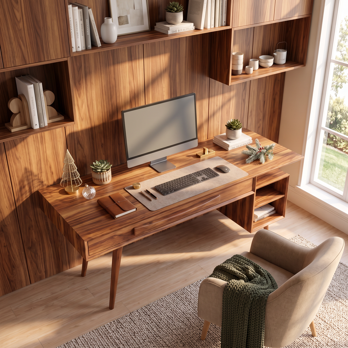 Modern Solid Wood Desk With Drawers And Open Shelf For Home Office