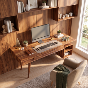 Modern Solid Wood Desk With Drawers And Open Shelf For Home Office