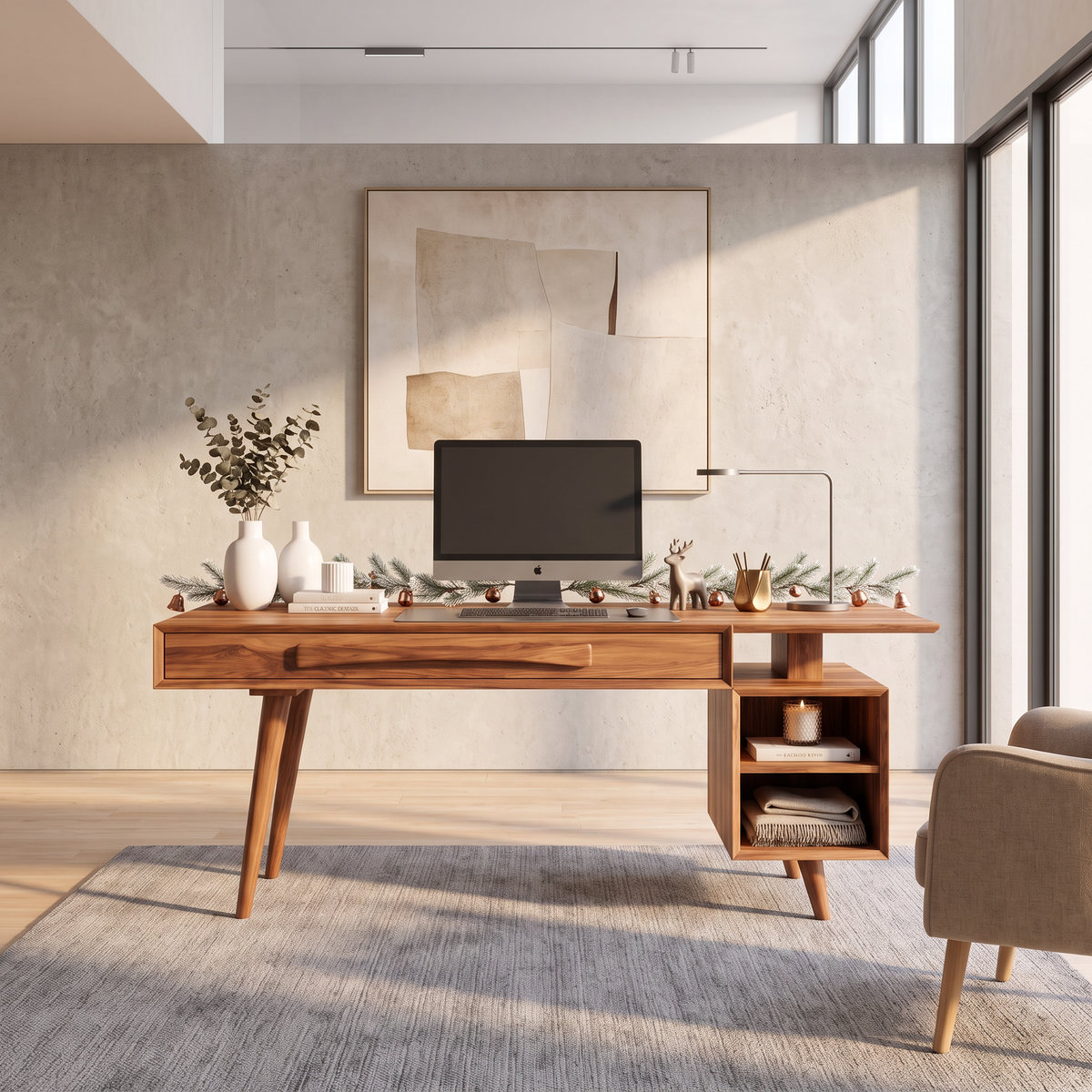 Modern Solid Wood Desk With Drawers And Open Shelf For Home Office