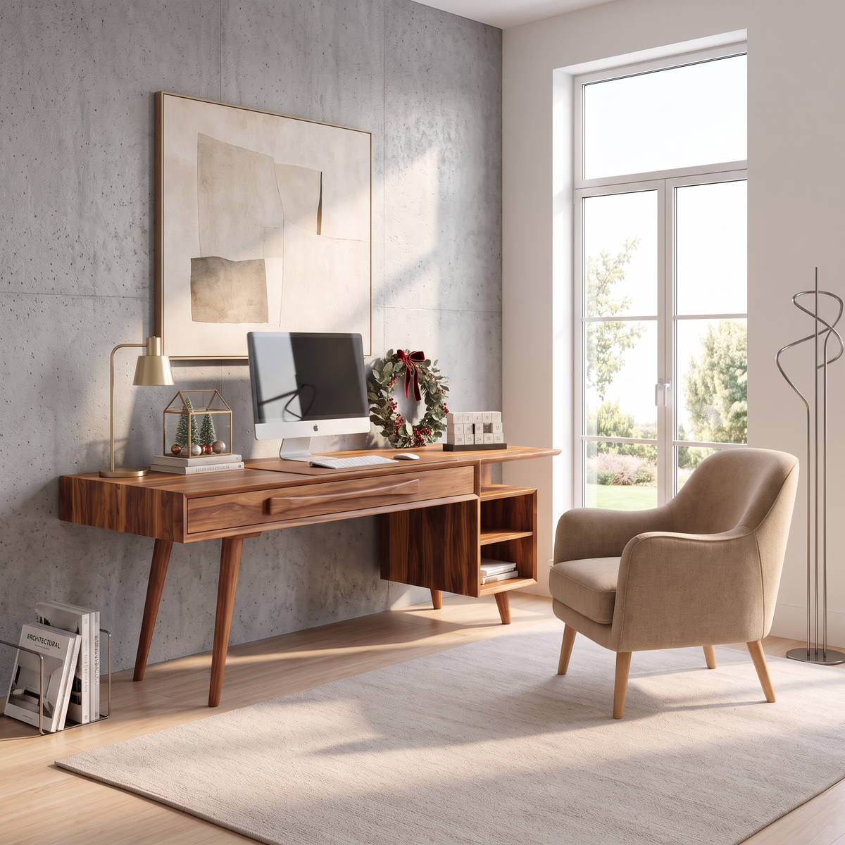Modern Solid Wood Desk With Drawers And Open Shelf For Home Office