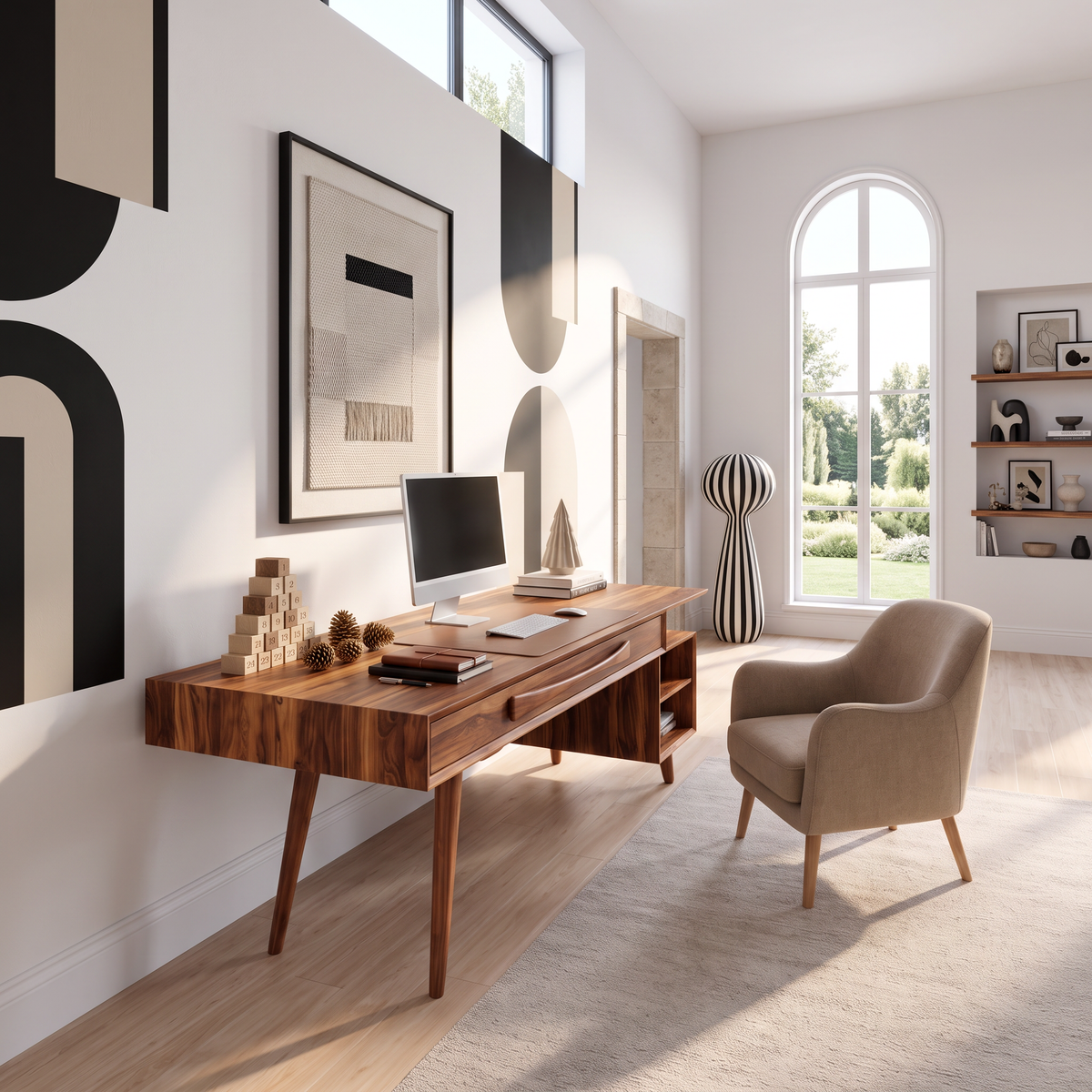 Modern Solid Wood Desk With Drawers And Open Shelf For Home Office
