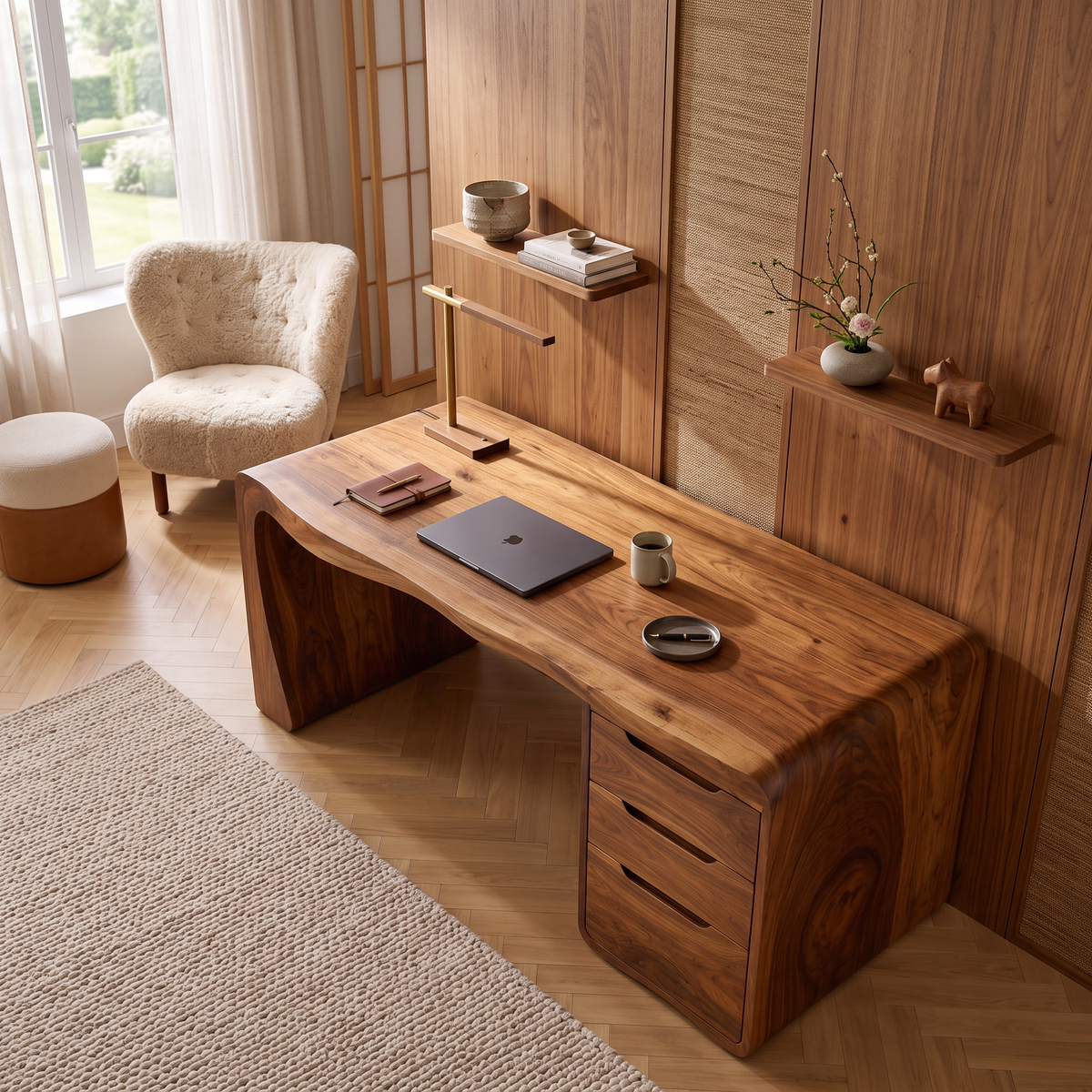 Organic Waterfall Solid Wood Desk With 3 Drawers For Home Office