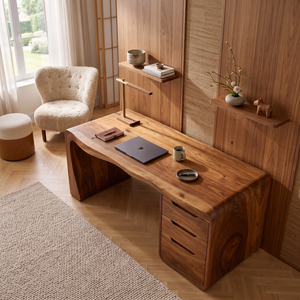 Organic Waterfall Solid Wood Desk With 3 Drawers For Home Office