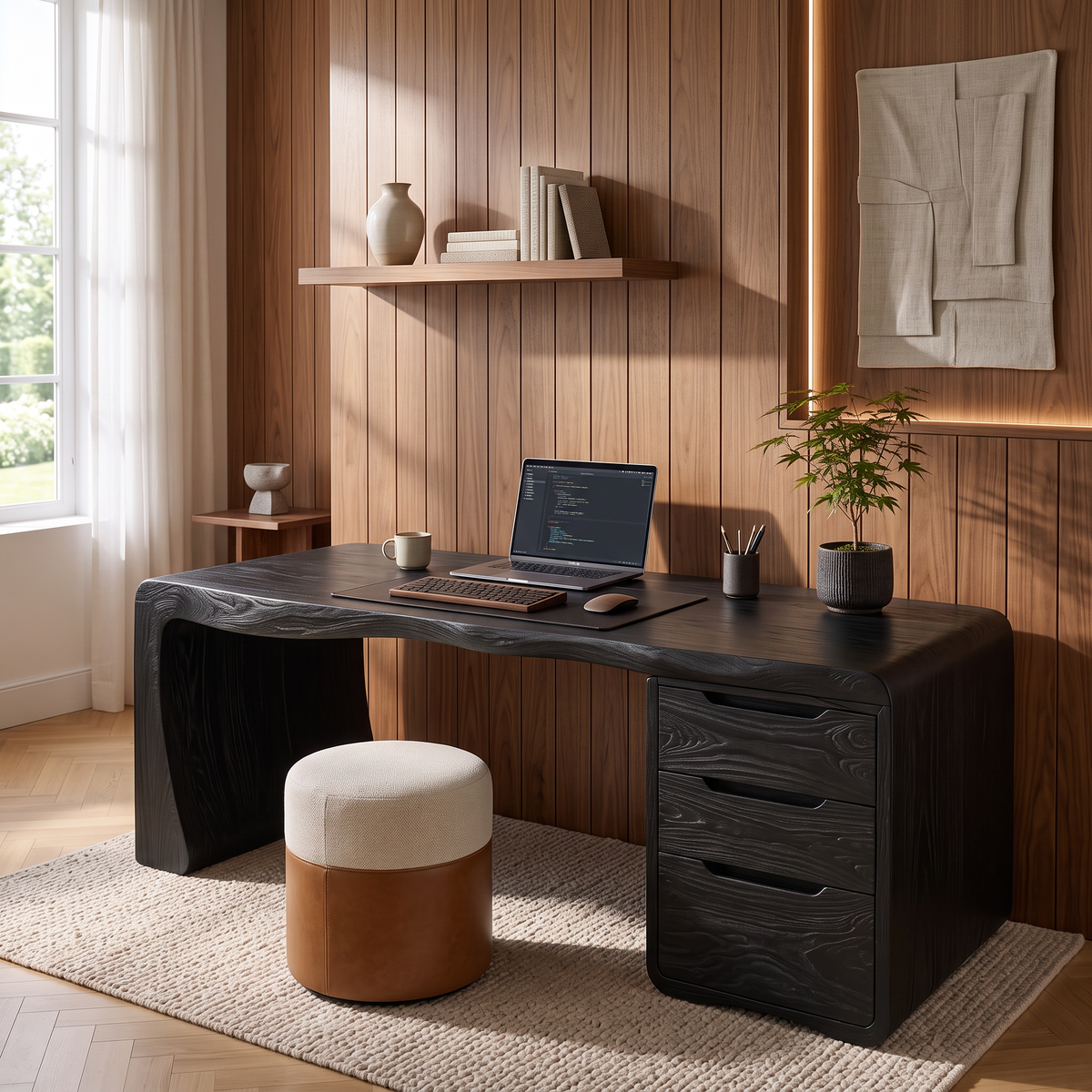Organic Waterfall Solid Wood Desk With 3 Drawers For Home Office