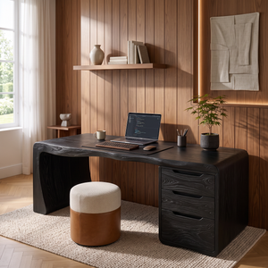 Organic Waterfall Solid Wood Desk With 3 Drawers For Home Office