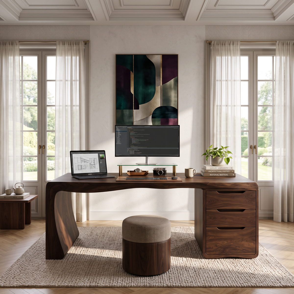 Organic Waterfall Solid Wood Desk With 3 Drawers For Home Office