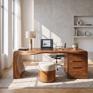 Organic Waterfall Solid Wood Desk With 3 Drawers For Home Office