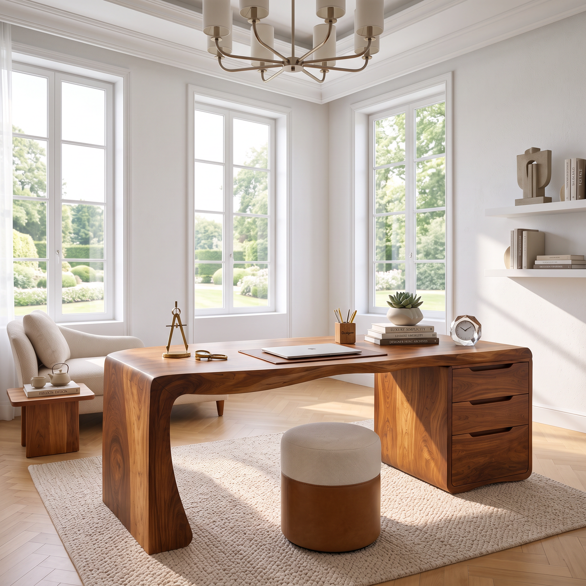Organic Waterfall Solid Wood Desk With 3 Drawers For Home Office
