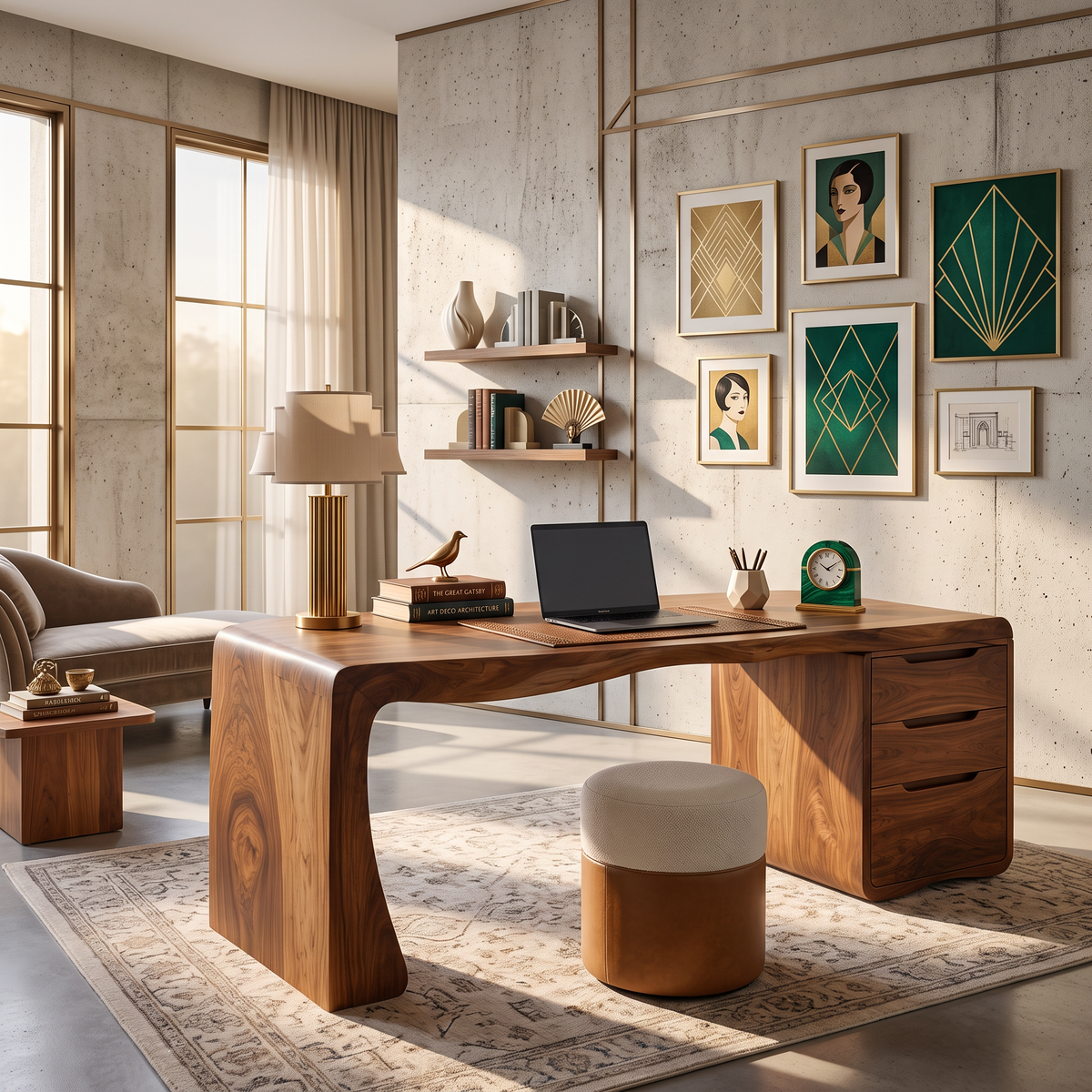 Organic Waterfall Solid Wood Desk With 3 Drawers For Home Office