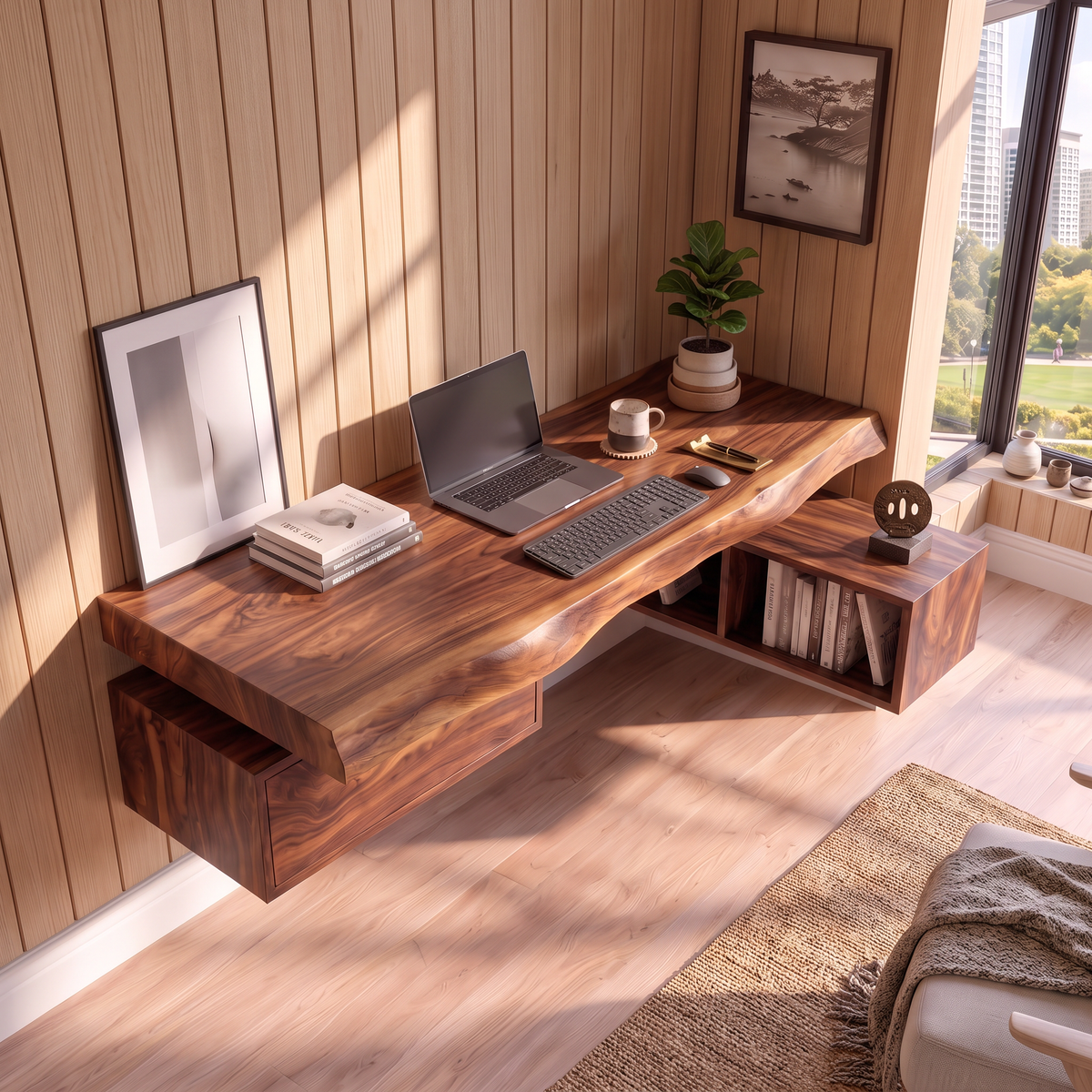 Floating Solid Wood Desk With Drawer And Open Shelf For Home Office