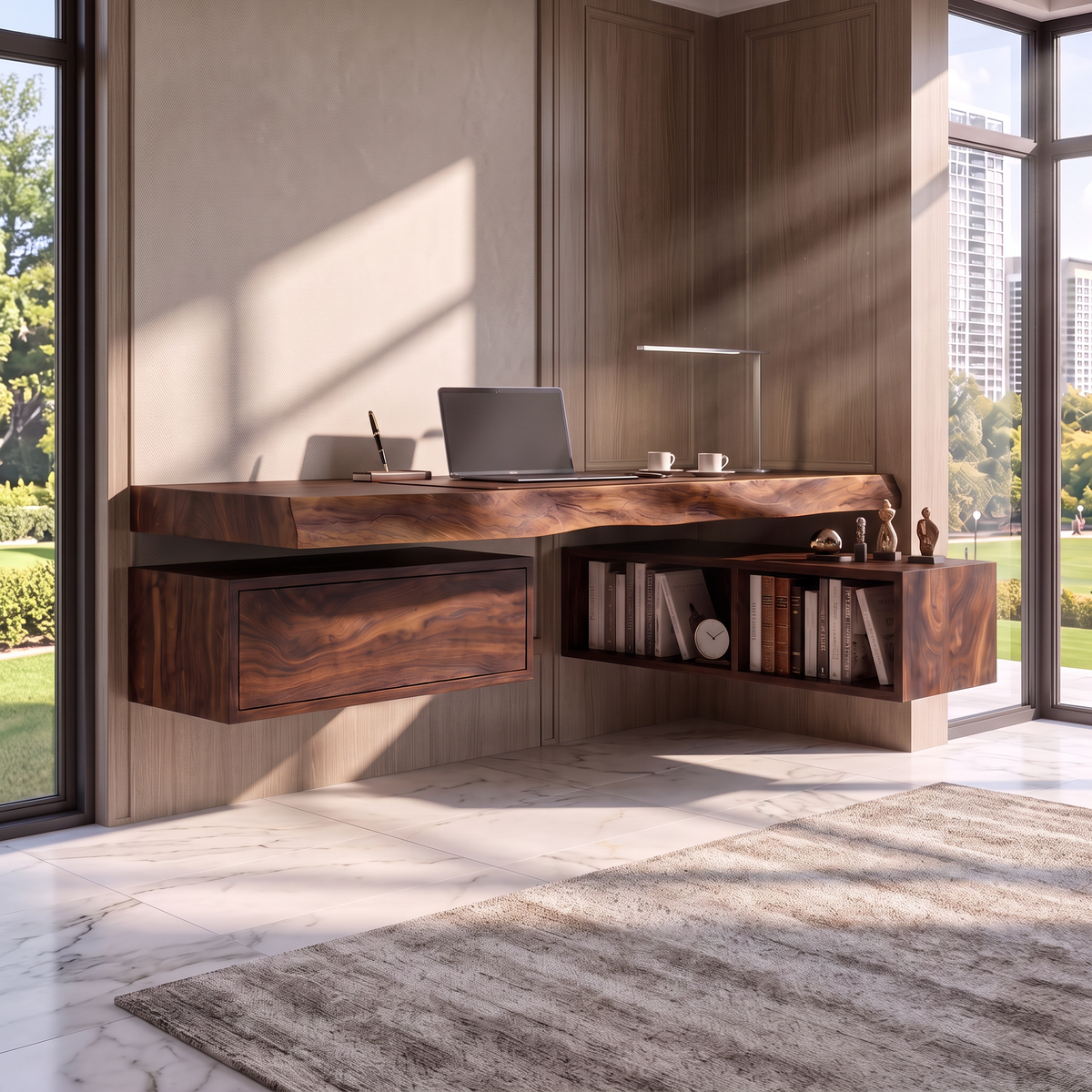 Floating Solid Wood Desk With Drawer And Open Shelf For Home Office