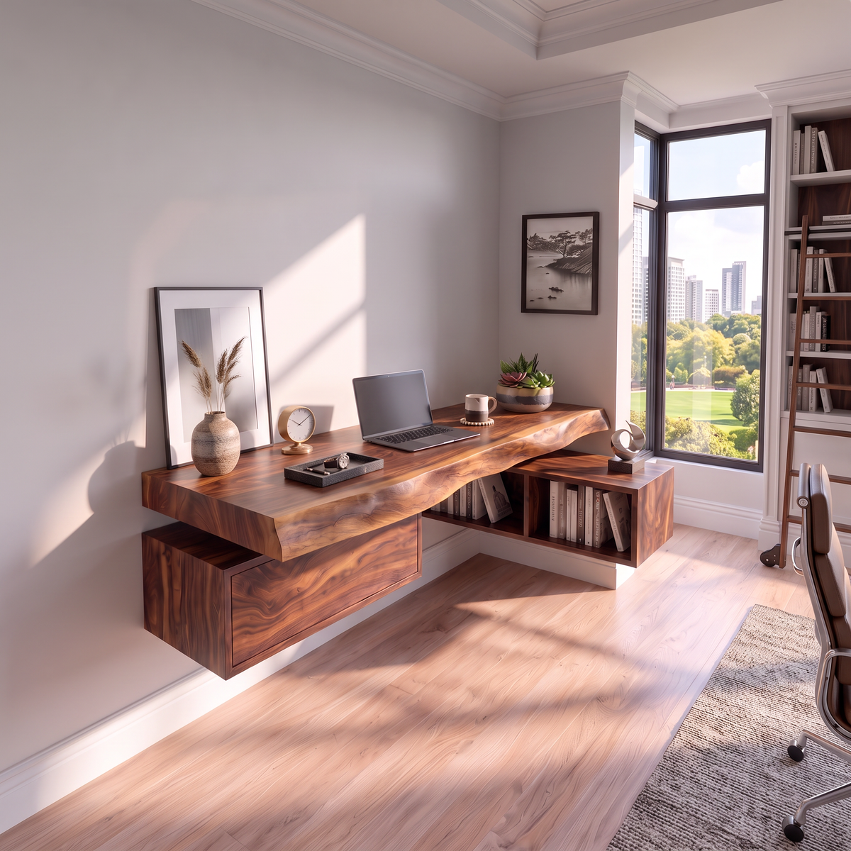 Floating Solid Wood Desk With Drawer And Open Shelf For Home Office