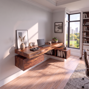 Floating Solid Wood Desk With Drawer And Open Shelf For Home Office