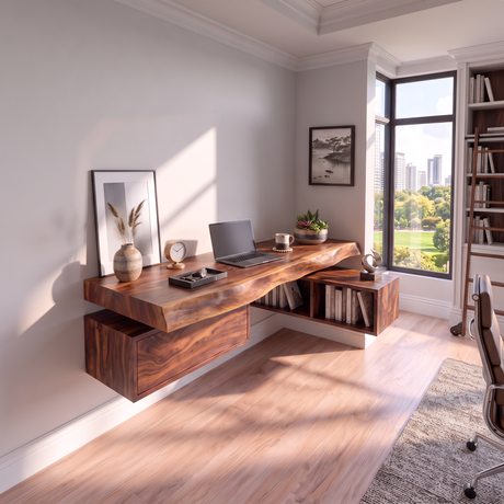 Floating Solid Wood Desk With Drawer And Open Shelf For Home Office