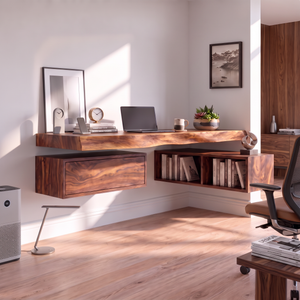 Floating Solid Wood Desk With Drawer And Open Shelf For Home Office
