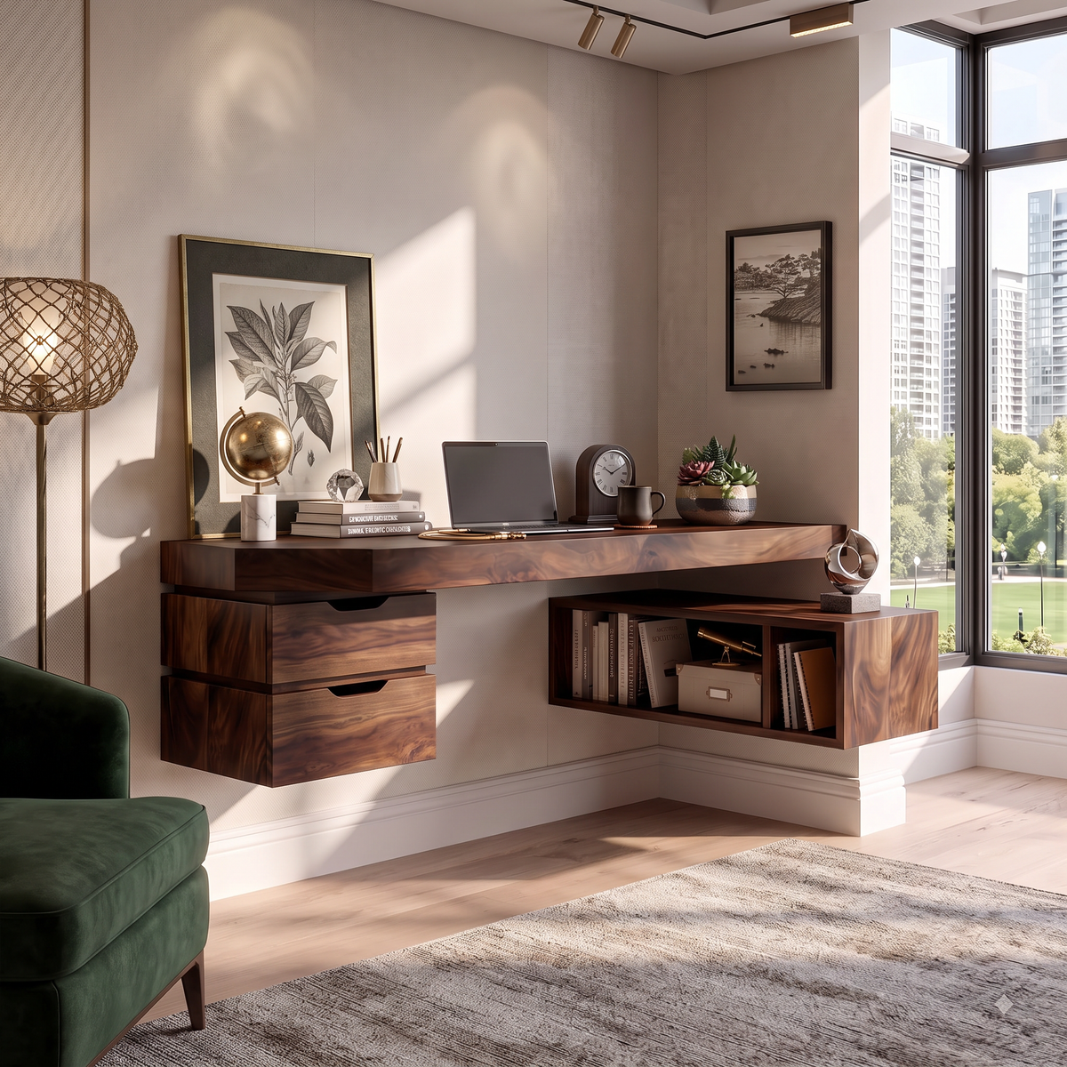 Wall Mounted Solid Wood Desk With Drawers And Storage Shelf