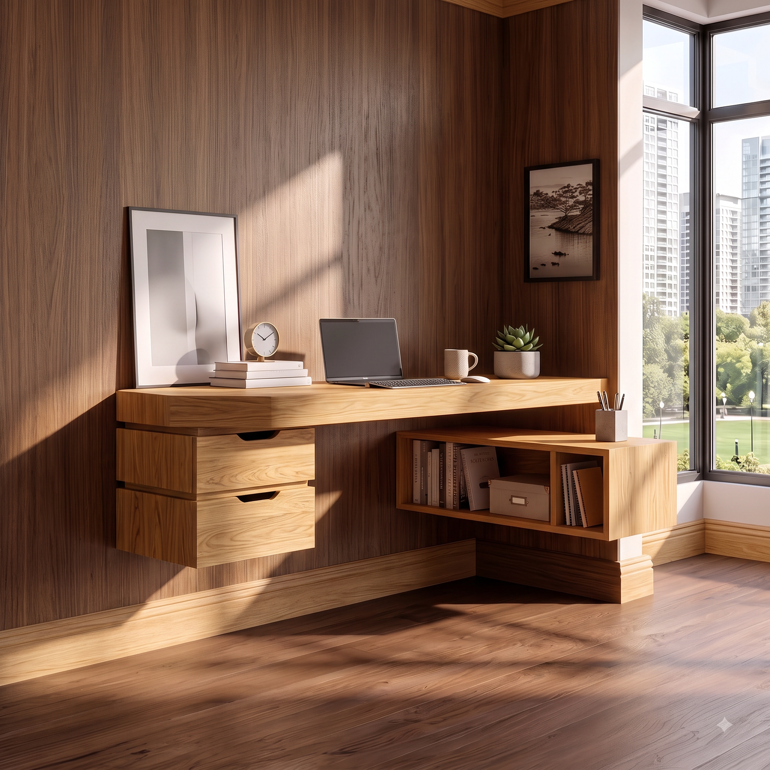 Wall Mounted Solid Wood Desk With Drawers And Storage Shelf