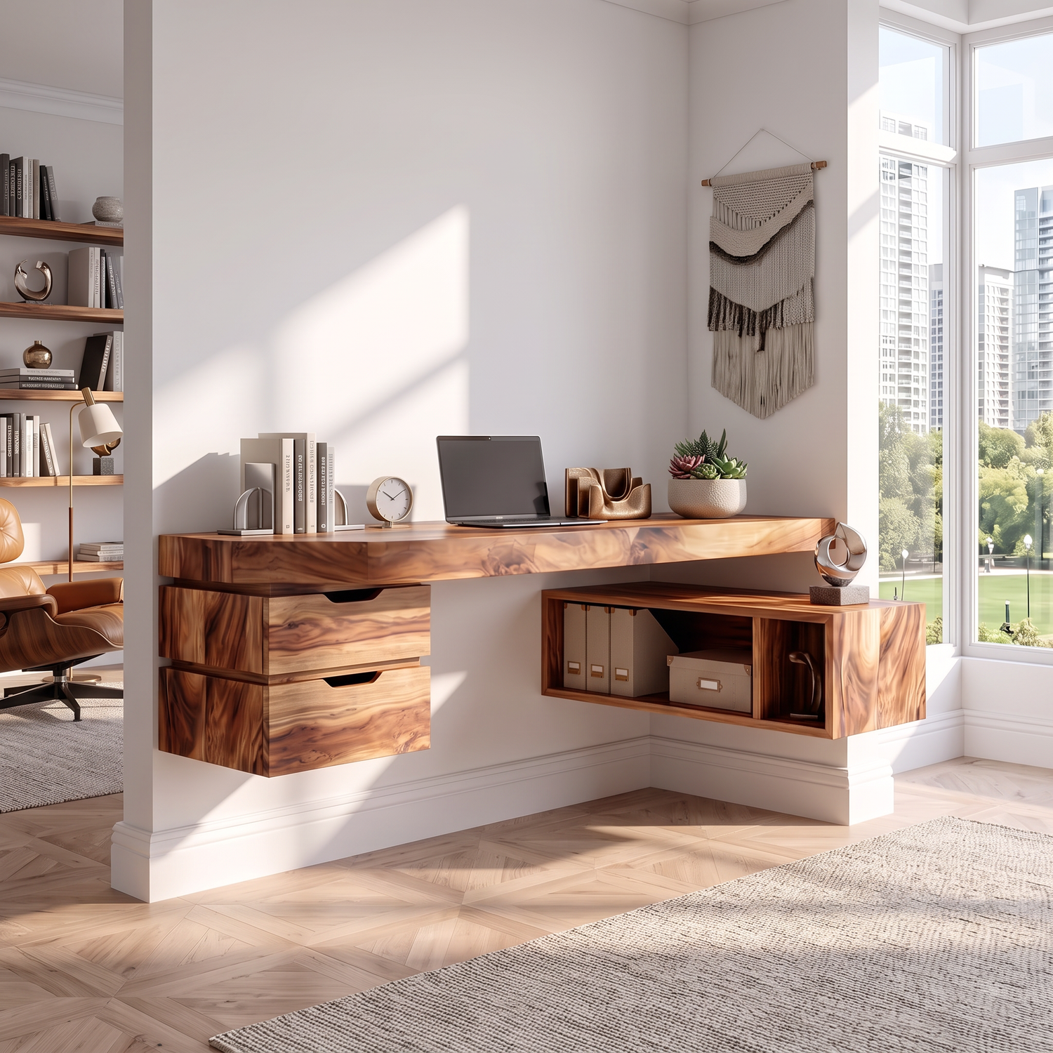 Wall Mounted Solid Wood Desk With Drawers And Storage Shelf