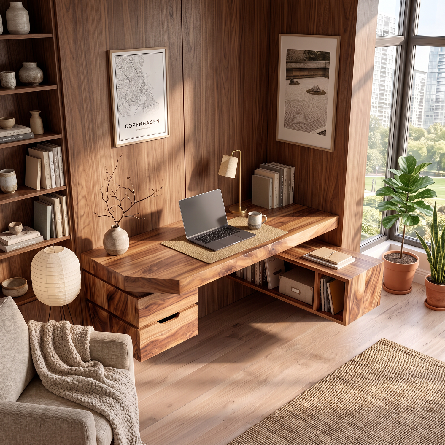 Wall Mounted Solid Wood Desk With Drawers And Storage Shelf