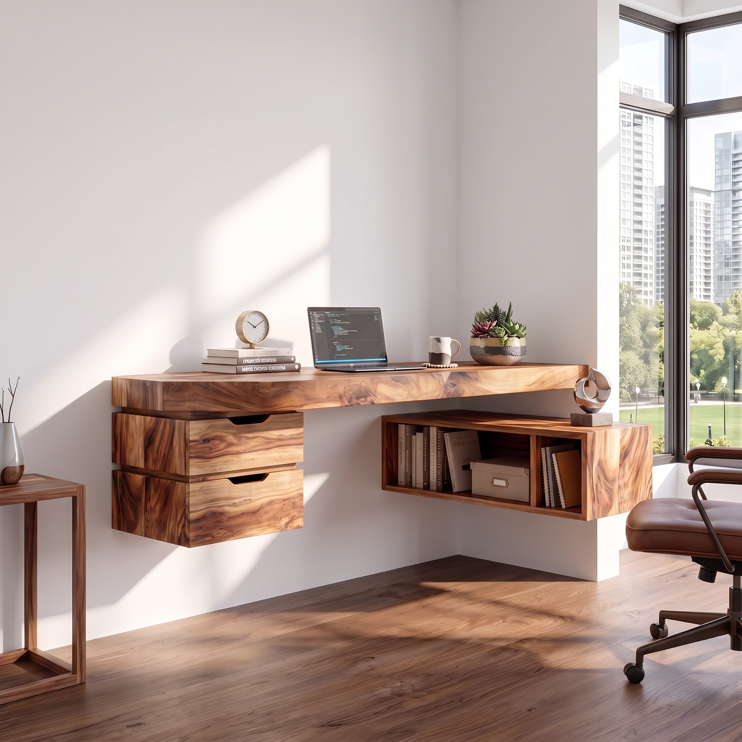 Wall Mounted Solid Wood Desk With Drawers And Storage Shelf