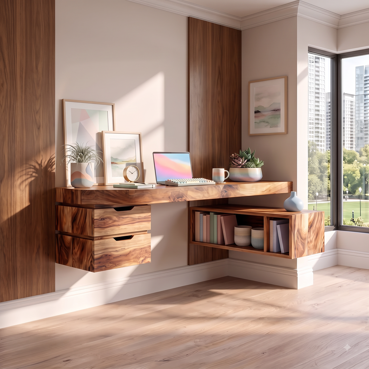 Wall Mounted Solid Wood Desk With Drawers And Storage Shelf