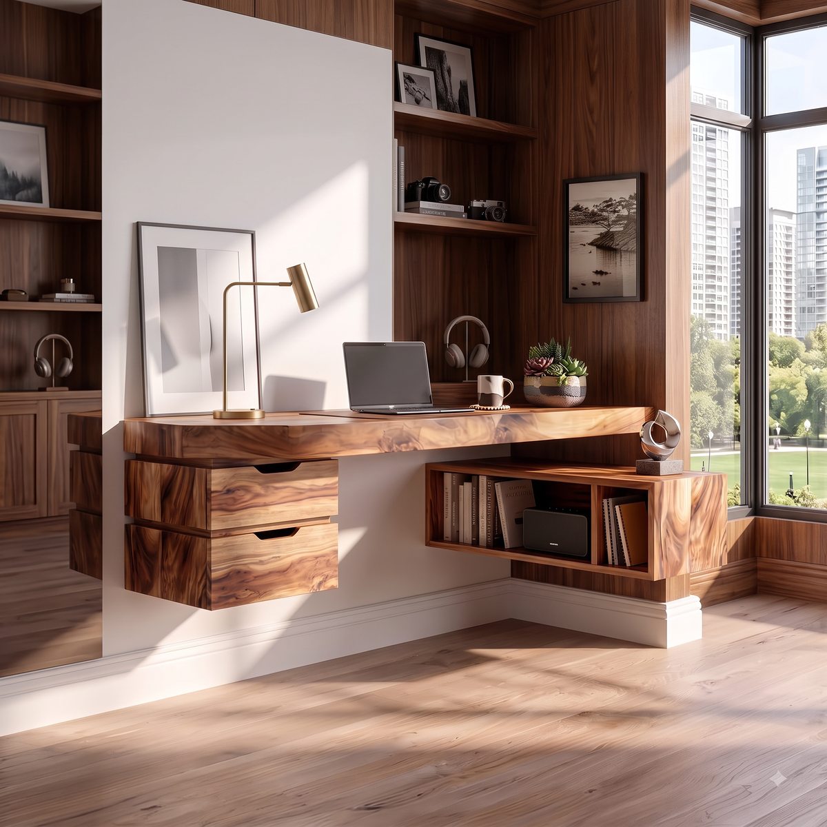 Wall Mounted Solid Wood Desk With Drawers And Storage Shelf
