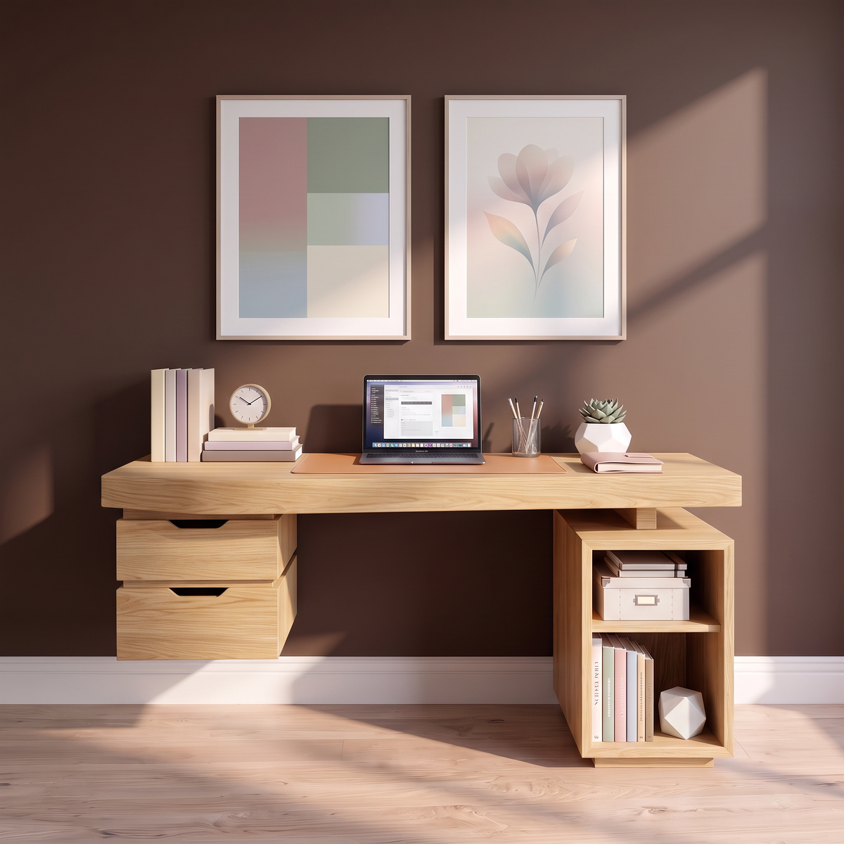 Contemporary Solid Wood Desk With 2 Drawers And Open Shelf For Home Office