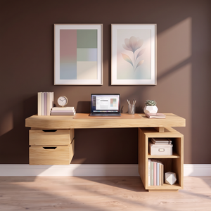 Contemporary Solid Wood Desk With 2 Drawers And Open Shelf For Home Office