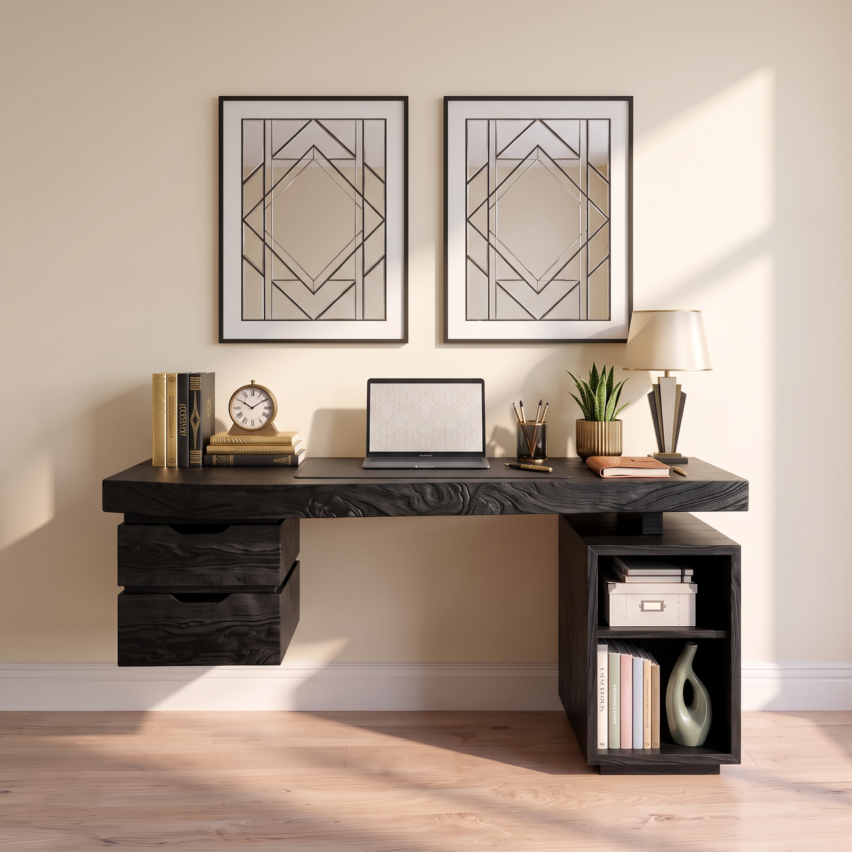 Contemporary Solid Wood Desk With 2 Drawers And Open Shelf For Home Office