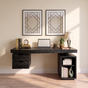 Contemporary Solid Wood Desk With 2 Drawers And Open Shelf For Home Office
