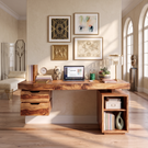 Contemporary Solid Wood Desk With 2 Drawers And Open Shelf For Home Office