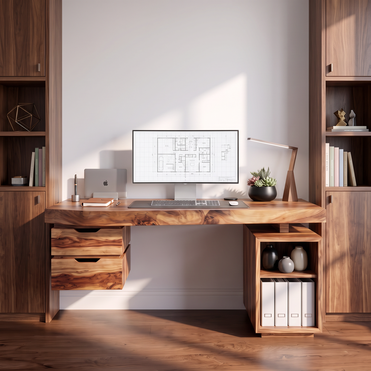 Contemporary Solid Wood Desk With 2 Drawers And Open Shelf For Home Office