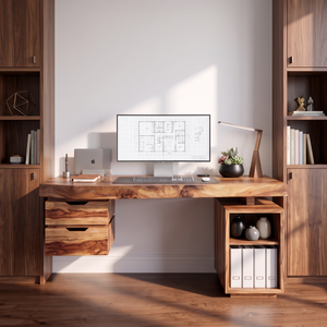 Contemporary Solid Wood Desk With 2 Drawers And Open Shelf For Home Office