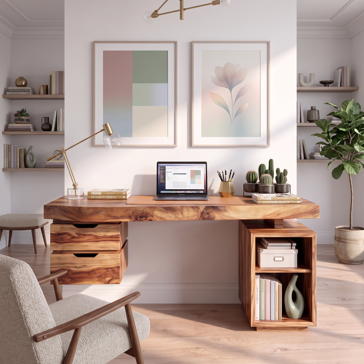 Contemporary Solid Wood Desk With 2 Drawers And Open Shelf For Home Office