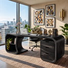 Curved Solid Wood Desk With 3 Drawers And Open Shelf For Home Office