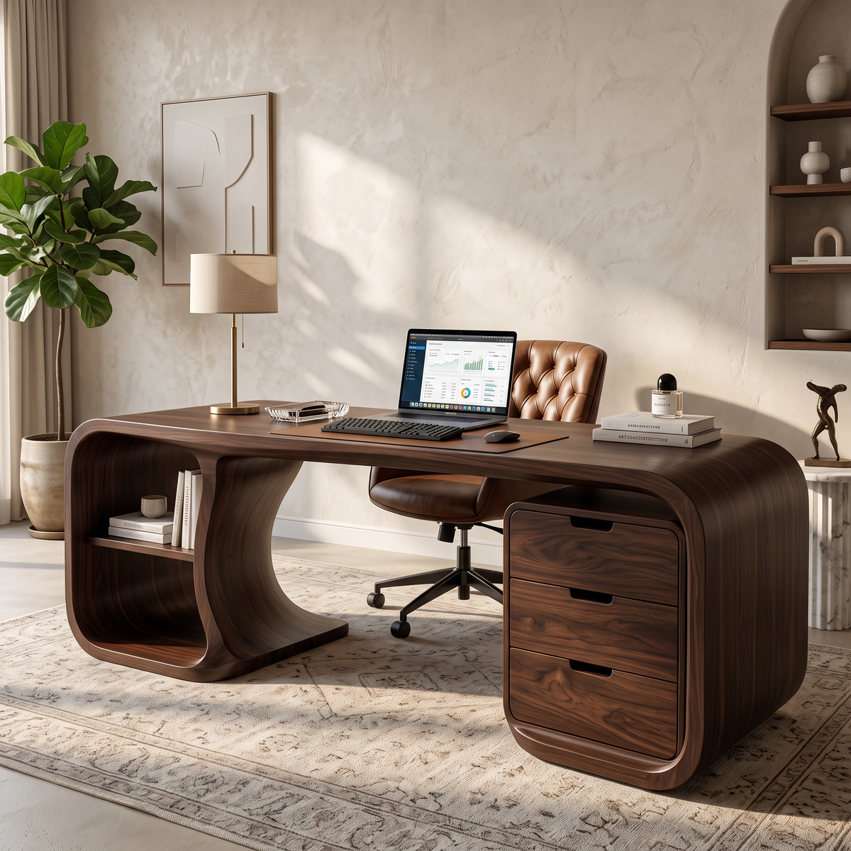 Curved Solid Wood Desk With 3 Drawers And Open Shelf For Home Office