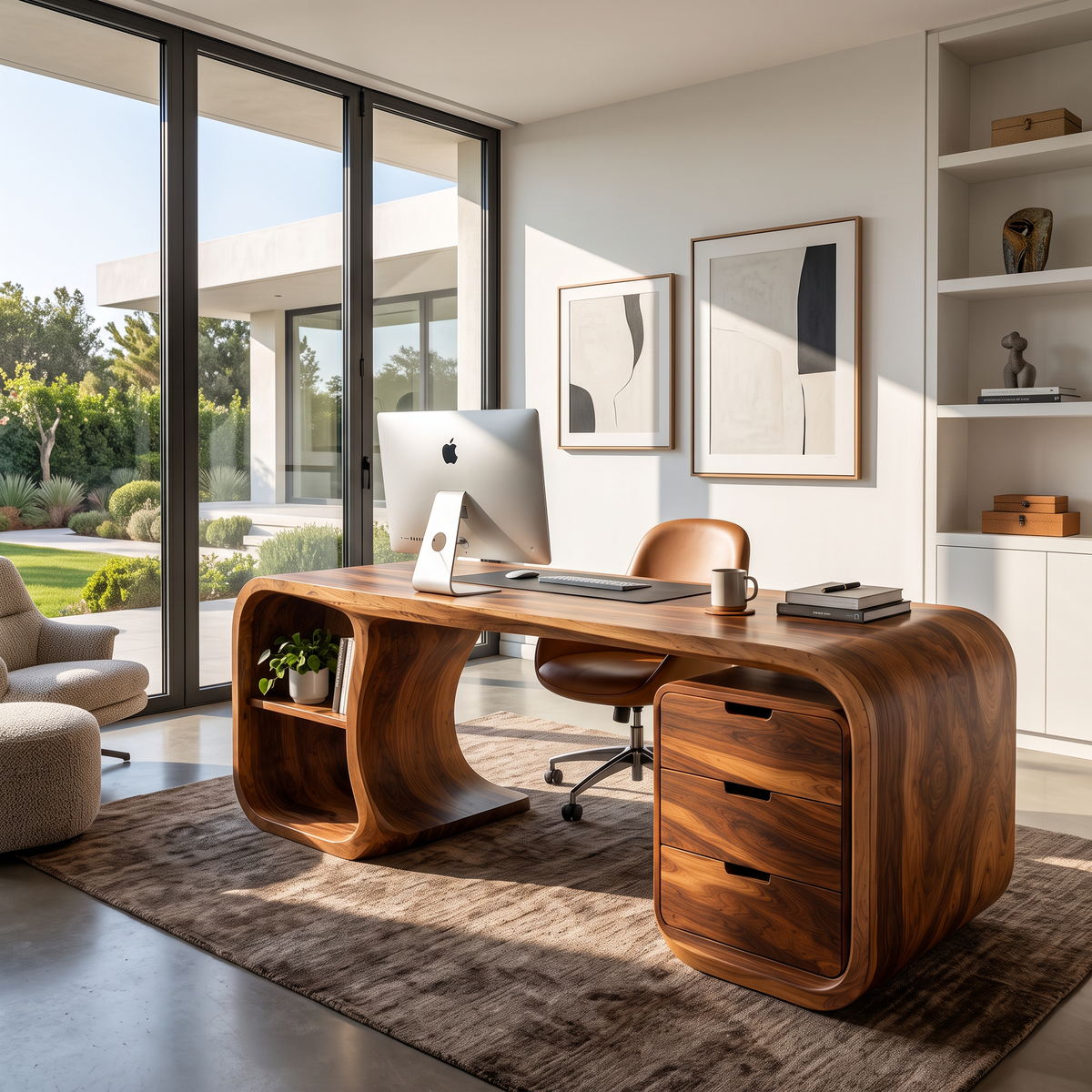 Curved Solid Wood Desk With 3 Drawers And Open Shelf For Home Office