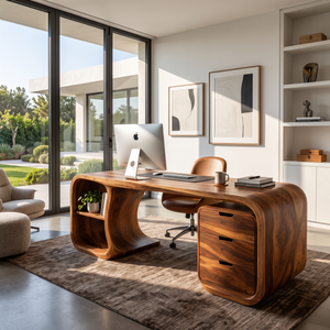 Curved Solid Wood Desk With 3 Drawers And Open Shelf For Home Office