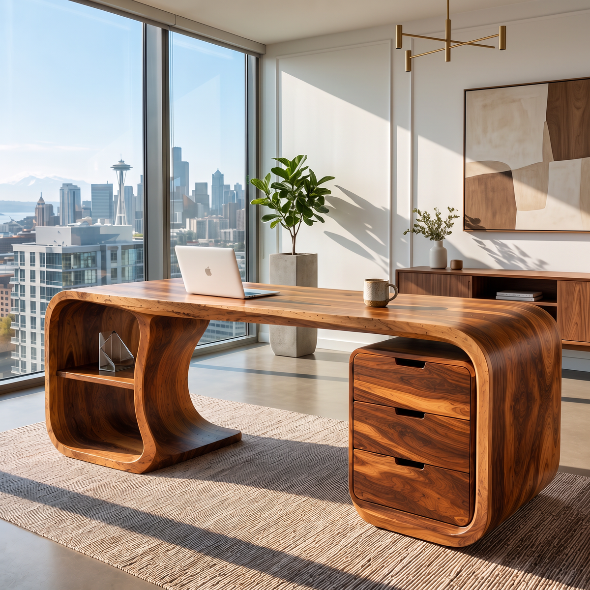 Curved Solid Wood Desk With 3 Drawers And Open Shelf For Home Office