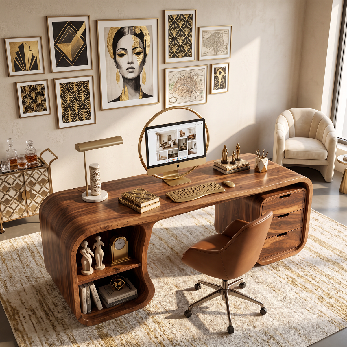 Curved Solid Wood Desk With 3 Drawers And Open Shelf For Home Office