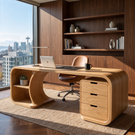 Curved Solid Wood Desk With 3 Drawers And Open Shelf For Home Office