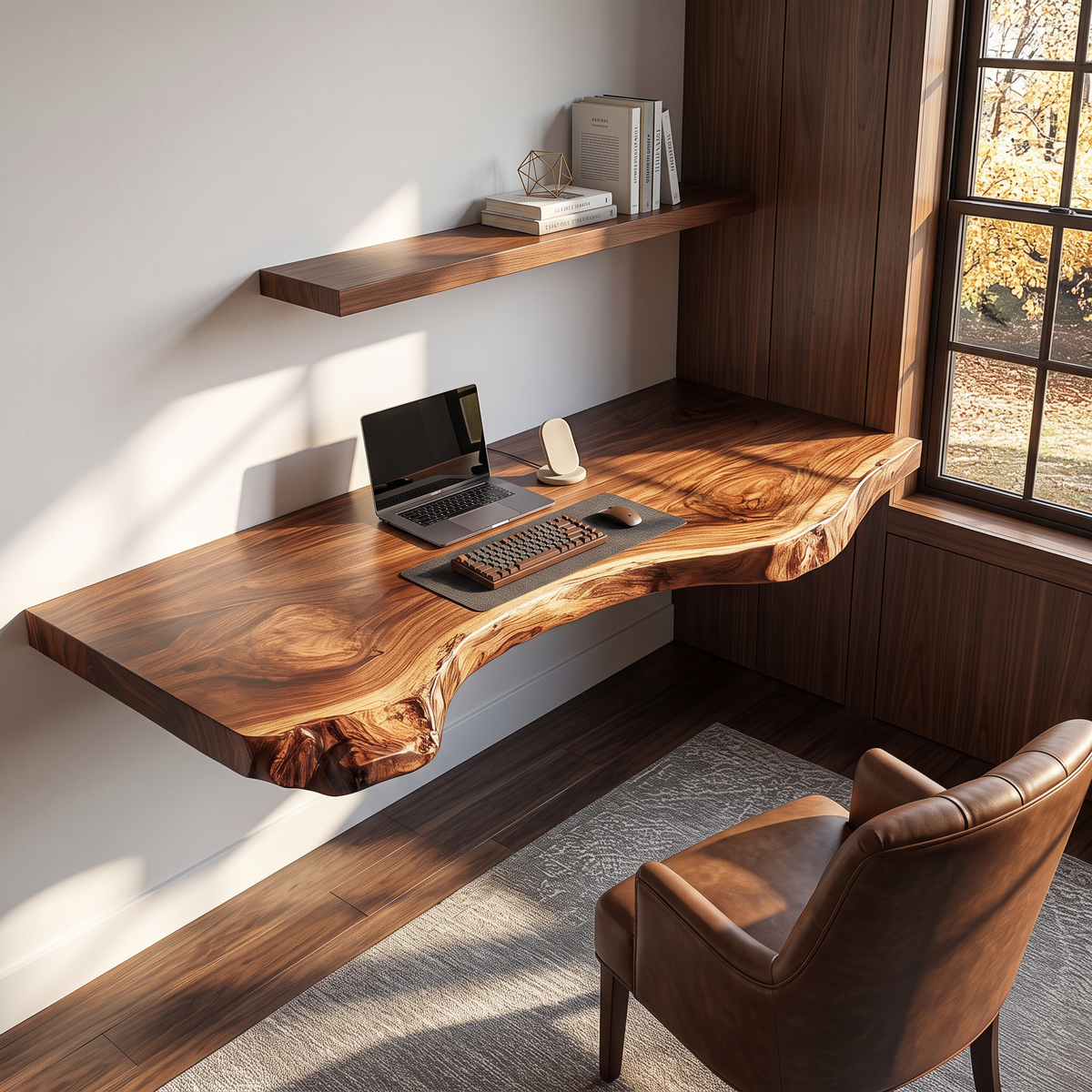 Floating Live Edge Solid Wood Desk For Modern Home Office