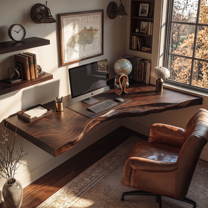 Floating Corner Live Edge Solid Wood Desk For Home Office