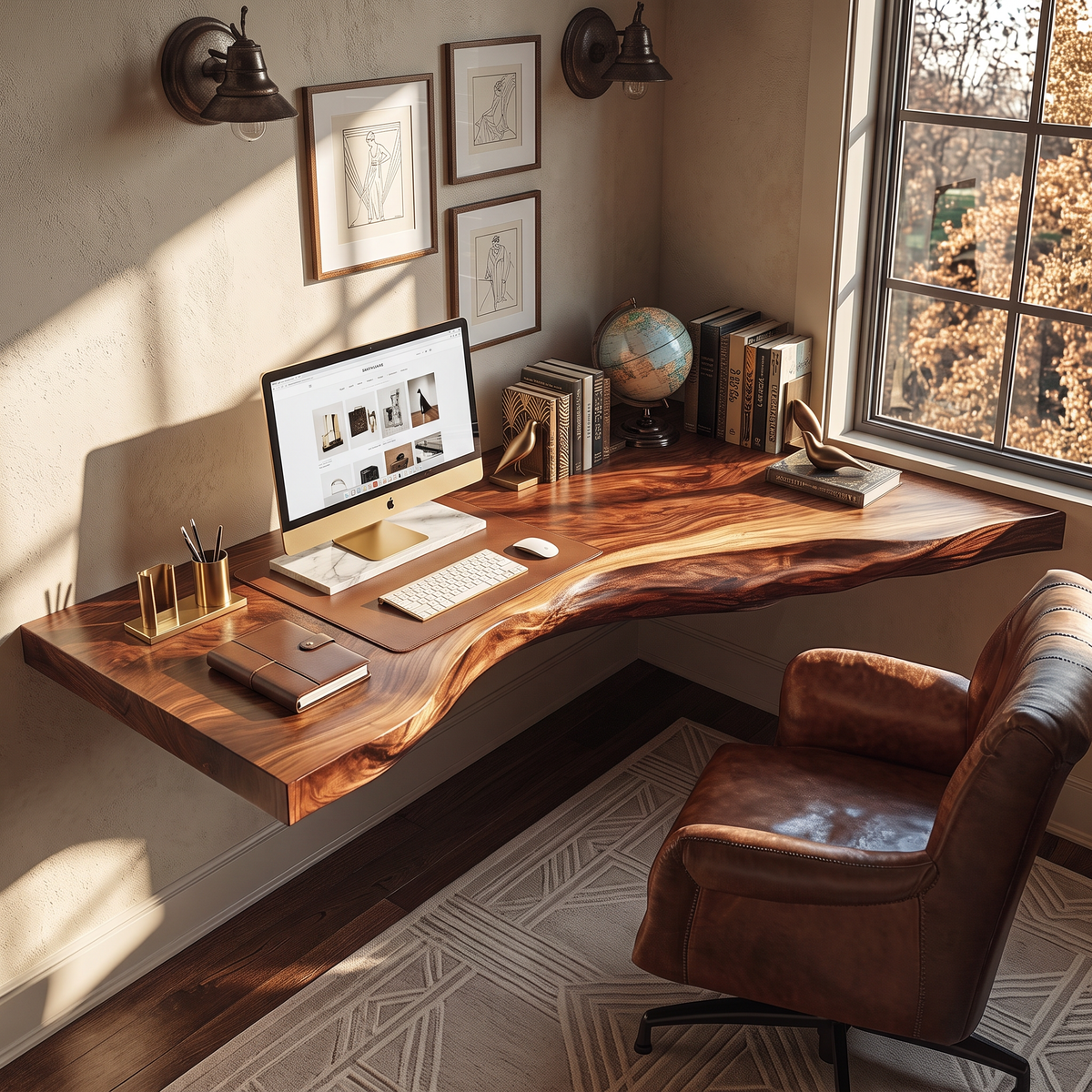 Floating Corner Live Edge Solid Wood Desk For Home Office