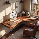 Floating Corner Live Edge Solid Wood Desk For Home Office
