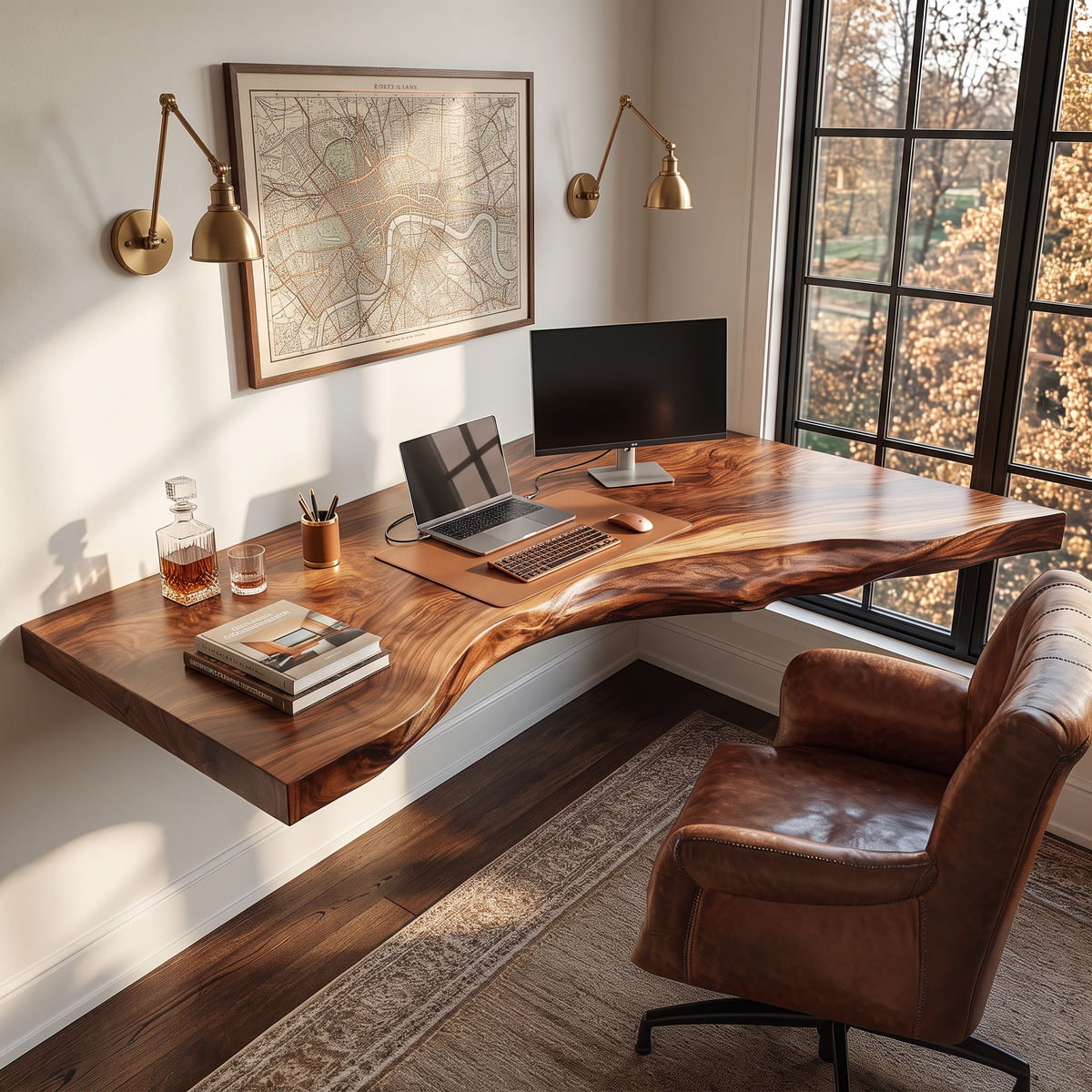 Floating Corner Live Edge Solid Wood Desk For Home Office